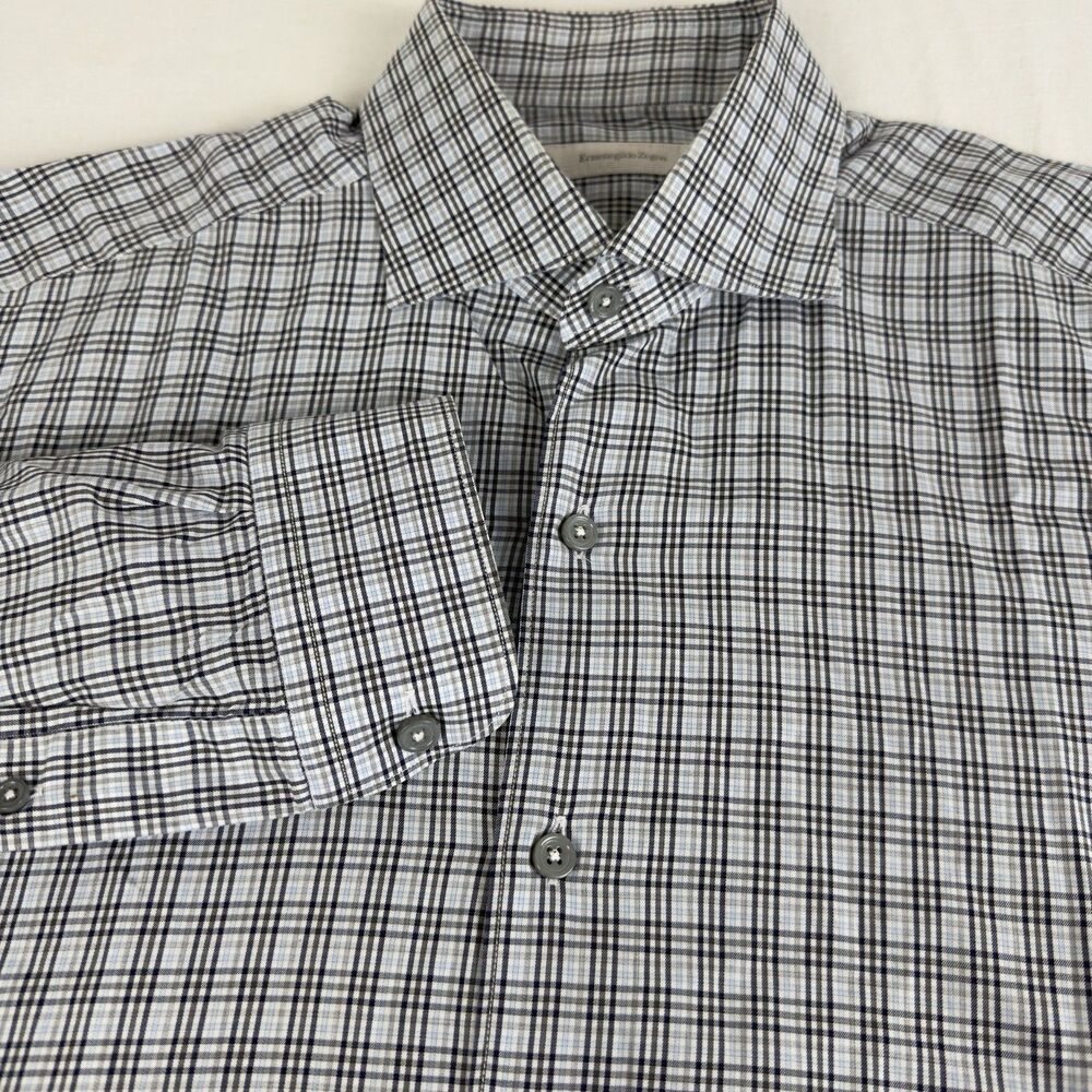 Ermenegildo Zegna Mens L Button Up Spread Collar Cotton Blue, White, Gray Plaid
